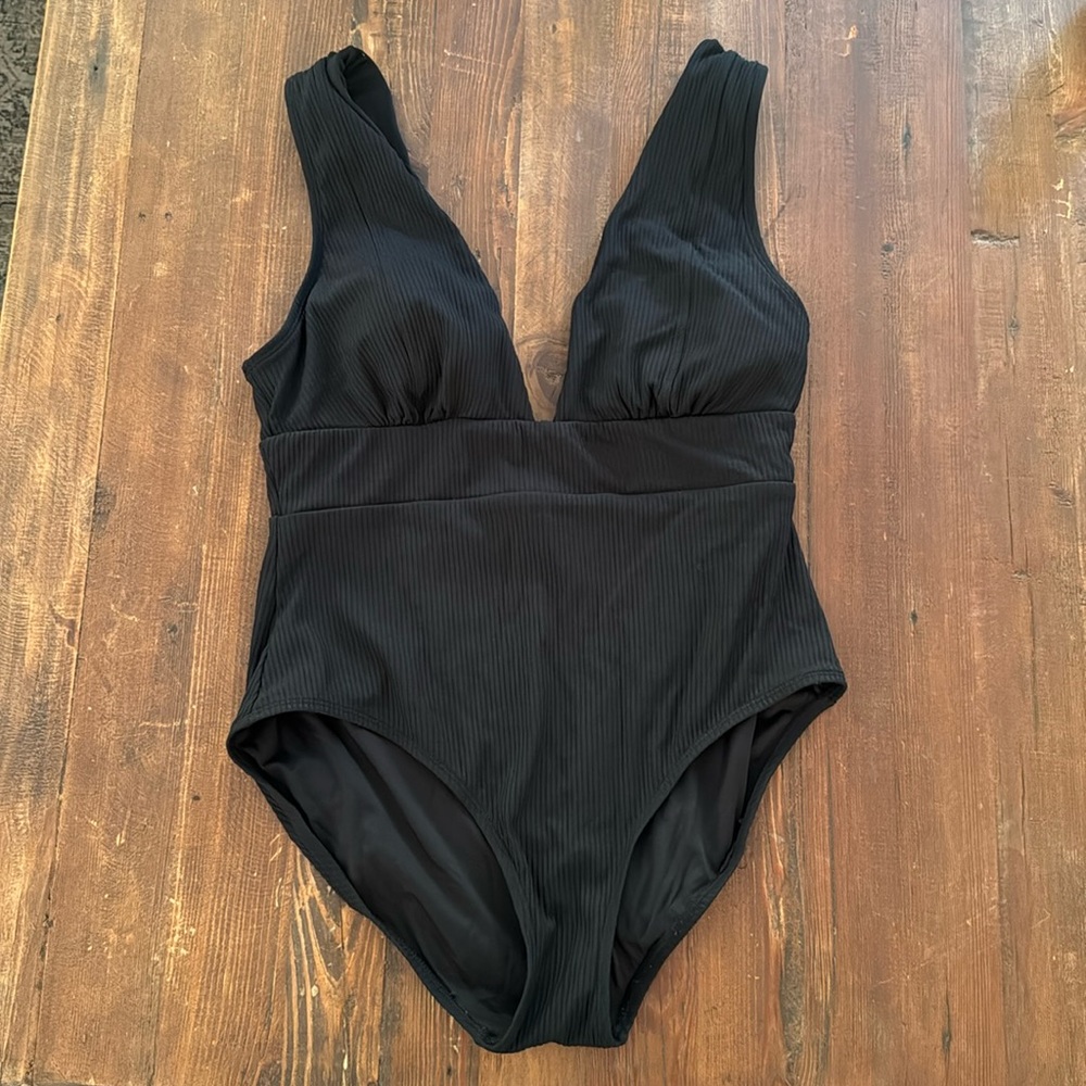 Andie Mykonos Ribbed One Piece Swimsuit, Black, Size Large